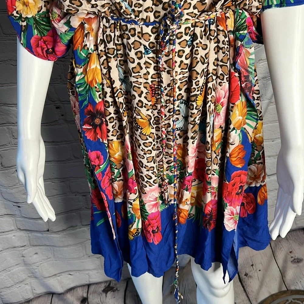 Johnny Was Fleur Kaftan Dress cover up with Braided Tie Large butterfly leopard - Picture 3 of 10